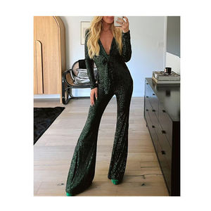 Mono elegante de fiesta de una pieza con cuello en V pronunciado, lentejuelas, manga larga y pierna ancha acampanada para mujer, personalizado OEM - Product Image 4