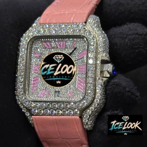 Montre à quartz carrée de luxe ICE LOOK pour femme, bracelet en cuir rose, cadran incrusté de diamants, affichage analogique de la date, boîtier en acier inoxydable de 34 mm - Product Image 2