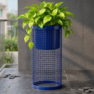 <b>Tall</b> Navy Blue Metal Wire Mesh Planter with Decorative Cylindrical Stand for Indoor Outdoor <b>Plants</b> Garden Patio Balcony Terrace - Product Image 4