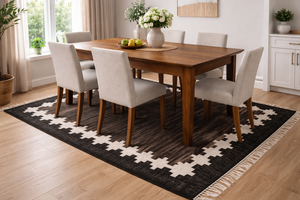 Alfombra Tejida a Mano de Lana y Algodón, Lavable, Hecha a Mano, con Borde Geométrico Negro y Marrón, Tejido Plano, Reversible, para Uso Doméstico - Product Image 2