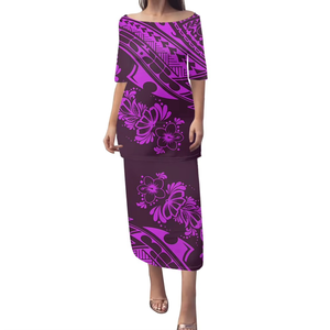 Conjunto de 2 Piezas, Vestido Puletasi Samoano, Estampado Polinesio Tradicional, Vestidos de Sirena con Hombros Descubiertos y Media Manga para Mujer - Product Image 6