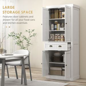 Armadio Dispensa da Cucina Bianco Effetto Invecchiato da 72 Pollici con 4 Ante, 2 Ripiani Regolabili e Cassetto - Mobili per la Casa in Metallo - Product Image 5