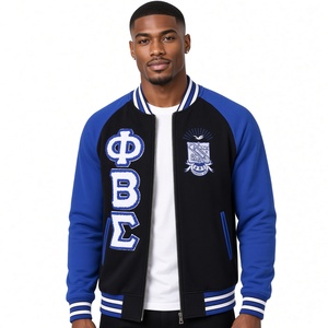 <b>Black</b> Royal Blue <b>Men</b> Varsity <b>Jacket</b> with Chenille Greek Letter Embroidery Crest Full Zip Baseball College Fraternity - Product Image 1