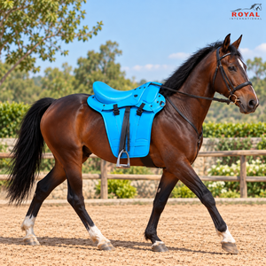 Selle de cheval Blue Endurance à siège incurvé, panneau latéral long, système à double sangle |   Équipement d'équitation léger et confortable Pro - Product Image 4