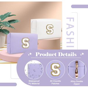 Borsa da Viaggio per Cosmetici in Pelle PU Viola Stile Preppy con Patch, Pochette Personalizzabile con Iniziale A-Z, Piccola Borsa per Trucchi con Cerniera - Product Image 2
