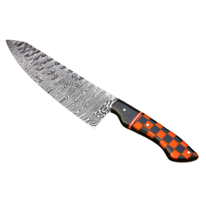 Couteau de chef à motif Damas argenté avec manche décoratif à carreaux orange et noir, couteau de cuisine à lame fixe pour la cuisson - Product Image 3