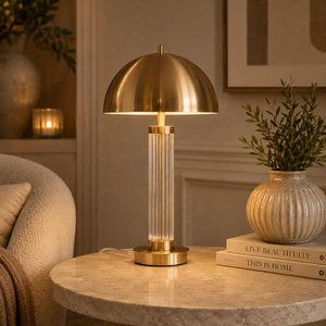 Lampe de table en métal Aurora Dome avec colonne en cristal cannelé, finition or brossé, éclairage d'ambiance doux, décoration de luxe pour la maison - Product Image 1