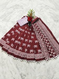 Sari de Algodón Mulmul Puro con Estampado Bagru Hecho a Mano, 5.5 Metros, 1 Metro de Tela para Blusa |   Encaje con borde de pompón, estilo étnico indio, para verano - Product Image 2