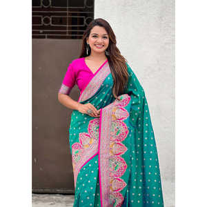 Green <b>Pashmina</b> Darbari Silk Saree with Zari Woven Indian & Pakistani Clothing - Product Image 1