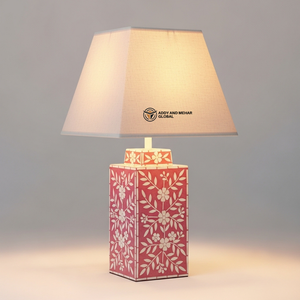 Lampe de table de luxe en os incrusté rose avec abat-jour beige |   Éclairage de chevet floral artisanal - Product Image 6