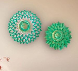 Handmade Metal <b>Wall</b> Decor Circular Bohemian Floral Art 2Pcs Hanging Home Accent Green Plant Pattern - Product Image 3