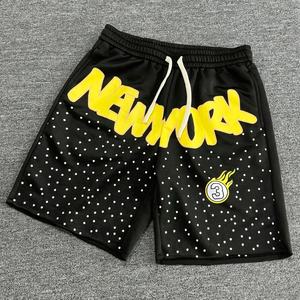 2026 Streetrush hommes haute rue décontracté droite solide dentelle 100% coton Hip Hop taille élastique jean Shorts New York broderie - Product Image 3