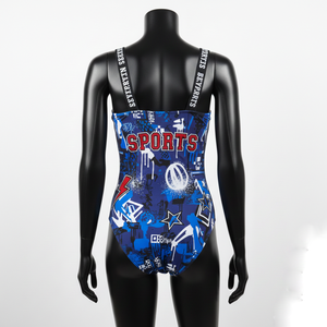 Traje de baño premium de 240 GSM de poliéster y spandex con tejido interlock, estampado gráfico azul, logotipo personalizado, traje de baño para mujer. - Product Image 2