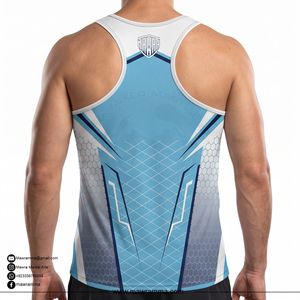 Hot Selling MAWRA <b>Men's</b> Sporty Tank Top Geometric Print Quick Dry O-Neck Sleeveless Workout <b>Vest</b> Blue <b>White</b> Design TankTop - Product Image 2