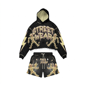 420 GSM Cotton Polyester Fleece Black Rhinestone Hoodie and <b>Shorts</b> Set Custom <b>Patch</b> Prints Hoodie <b>Short</b> Set <b>men's</b> - Product Image 5
