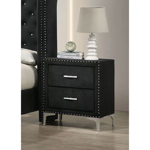 Comodino Glamour con Due Cassetti, Rivestimento in Tessuto con Borchie e Lavorazione Trapuntata, Vetro Temperato, Legno e Metallo, Arredamento Camera da Letto - Product Image 2
