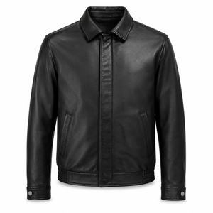 Veste de moto décontractée slim fit en cuir véritable pour homme avec logo frontal, style vintage streetwear - Product Image 1