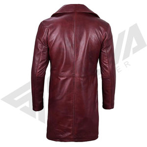 Men's Regular Burgundy Genuine Leather Waterproof Varsity Bomber Jacket Turn-<b>down</b> Collar Zipper Closure Front Outdoor Winter - Product Image 2