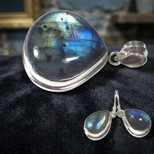 Parure de bijoux en argent sterling 925 avec labradorite, pendentif et boucles d'oreilles, pierre précieuse à reflet bleu, forme goutte d'eau, sertissage clos, pour femme - Product Image 4
