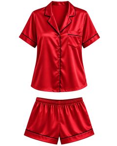 Conjunto de pijama de satén rojo personalizado para mujer, ropa de dormir de seda de lujo, traje de noche con botones, conjunto de loungewear suave de manga corta. - Product Image 1