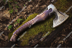 Hand Forged Carbon Steel Acid Etched Viking Bearded <b>Axe</b> with Wooden Handle Leather Grip Outdoor Camping Collector's <b>Axe</b> OEM - Product Image 6