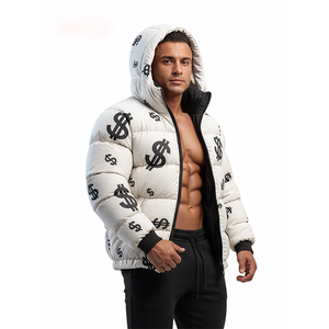 Blouson matelassé à capuche blanc pour homme avec imprimé dollar, manteau d'hiver style streetwear, vêtement d'extérieur chaud, vente en gros - Product Image 2