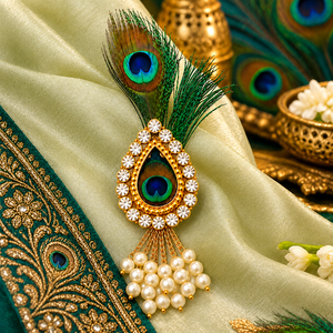 Broche en plumes de paon avec pompon en perles |   Broche décorative pour sari, dupatta, chemisier, tenue de mariage et de fête - Product Image 5