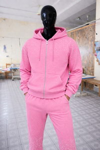 Conjunto de chándal rosa con pedrería para hombre, sudadera con capucha y pantalones deportivos con cremallera, ropa informal brillante para gimnasio, conjunto de moda - Product Image 5