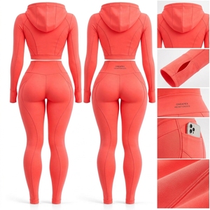 Ensemble de yoga pour femme, sweat à capuche corail zippé, haut court à manches longues, leggings taille haute, tenue de sport, fitness, entraînement, ensemble deux pièces - Product Image 2