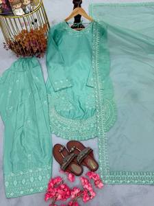 Salwar Kameez vert menthe brodé pour femmes, costume ethnique indien pakistanais avec dupatta - Product Image 6