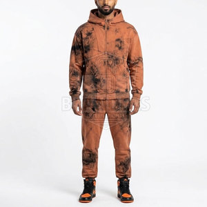 Men Washed Effect Tracksuit Full <b>Zip</b> <b>Hooded</b> Jacket Matching Jogger Pants Contemporary Casual Streetwear Two Piece Outfit - Product Image 2
