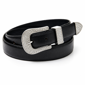 Ceinture en cuir PU pour femme avec strass, ceinture noire style western cowgirl avec boucle en cristal argenté, ceinture de taille tendance pour femme, vente en gros - Product Image 1