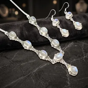 <b>Rainbow</b> Moonstone 925 Sterling Silver Jewelry Set Elegant Oval Gemstone Necklace <b>Drop</b> Earrings Bezel Setting Bohemian Gift - Product Image 3