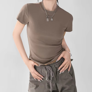 SHJ Trendy Queen T-shirts basiques mignons pour femmes, hauts ajustés d'été, crop tops à manches courtes, coupe régulière, col rond, en coton - Product Image 1