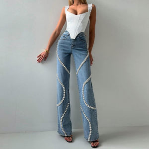 Jean en denim large personnalisé pour femme, en coton délavé, longueur intégrale, orné de perles, décontracté, pour le printemps - Product Image 5