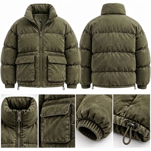 <b>Mens</b> Olive <b>Green</b> Acid Wash Puffer <b>Jacket</b> Quilted Warm Zip Up High Collar Multi Pocket Winter Outerwear - Product Image 5