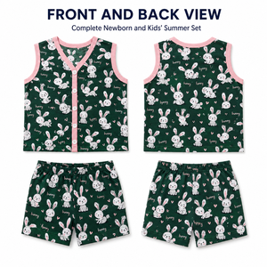 Ensemble T-shirt et short en tricot imprimé à col en V, motif lapin de dessin animé, bordure verte et rose, tenue décontractée d'été pour enfants - Product Image 2
