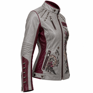 Grey Burgundy Genuine Leather Jacket Women <b>Clock</b> Gothic Graphic Spiked Stud Band Collar Zip Biker Coat Custom Manufacturer - Product Image 3