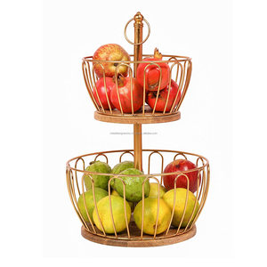 High Quality 2-Tier <b>round</b> <b>Storage</b> <b>Baskets</b> Metal and Wood with Rose Gold Plating for Fruits and Kitchenware Organization - Product Image 3