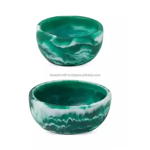 Hugo Tazón de servicio en espiral verde oscuro Ensaladera de resina y frutero con textura de mármol Aqua Swirl pulida para el hogar y el hotel - Product Image 1