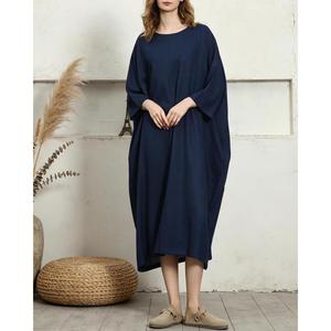 Premium Navy Blue O-NeckPlain Maxi <b>Dress</b> With 3/4 Sleeves <b>Loose</b> Boho Style 100% Linen Summer Casual <b>Dress</b> For Women - Product Image 6