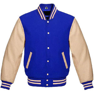 Veste universitaire bleu royal pour homme avec manches beiges, col rabattu, boutons sur le devant, style preppy, coupe classique, vêtement d'automne - Product Image 1