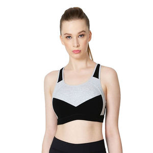 Sujetador deportivo para mujer con bloques de color, cuello redondo, espalda cruzada, soporte medio, transpirable, para yoga, con ribetes en contraste, sin costuras - Product Image 2