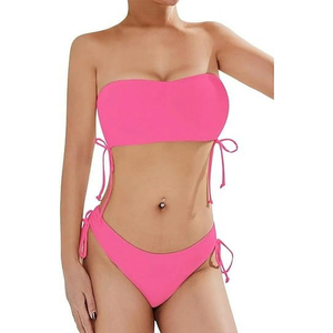 Ensemble bikini 2 pièces rose uni taille haute bandeau pour femme avec logo frontal et cordon de serrage latéral - Product Image 1