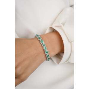 NOVA Fine Charm Bracelet 18K Gold Plated Chain & Link Cushion Shaped Emerald and Diamond Cluster Art Deco Party - Product Image 4