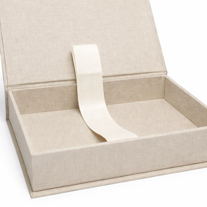 High Quality Prestige Creations Eco-Friendly Rigid Pale Khaki Linen <b>Photo</b> <b>Storage</b> <b>Box</b> Ribbon Pull Magnetic Closure Custom Foil - Product Image 3