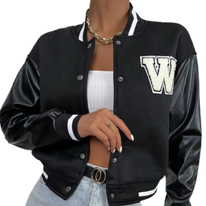 Veste de sport personnalisée à col en V pour femme, veste de sport avec manches en cuir, de haute qualité et en taille plus, manteau imprimé pour fille - Product Image 1