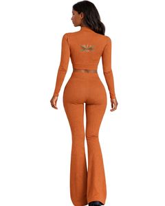 <b>Rust</b> Orange Women Two Piece Yoga Set Zip Crop <b>Top</b> And High Waist Flared Pants Embroidery Fitness Gym Wear Custom Manufacturer - Product Image 3
