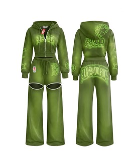 ชุดเซ็ตเสื้อฮู้ดครอปและกางเกงขายาวผ้าเฟรนช์เทอร์รี่แบบซิป  ทรงวินเทจฟอกสี  สำหรับผู้หญิง - Product Image 6