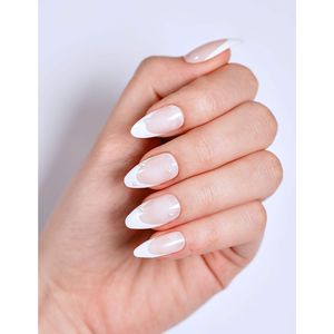 Uñas Postizas Francesas Elegantes con Estampado Dorado, 24 Piezas, ABS, Punta Lechosa Nude Mediana, Forma Almendrada, Longitud Personalizada, Fábrica OEM/ODM - Product Image 1